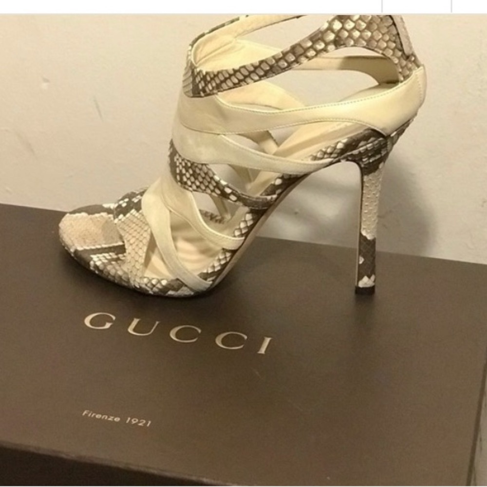 Gucci  Authentic Women's Snakeskin & Leather Cream and Brown Heels